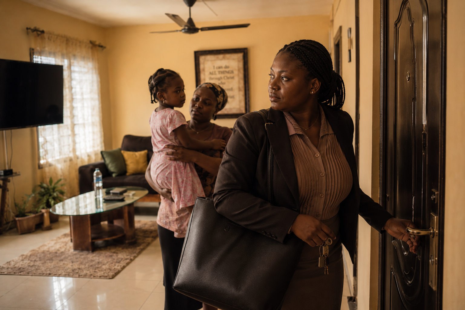 A Nigerian mother pausing at her door, looking back at her child