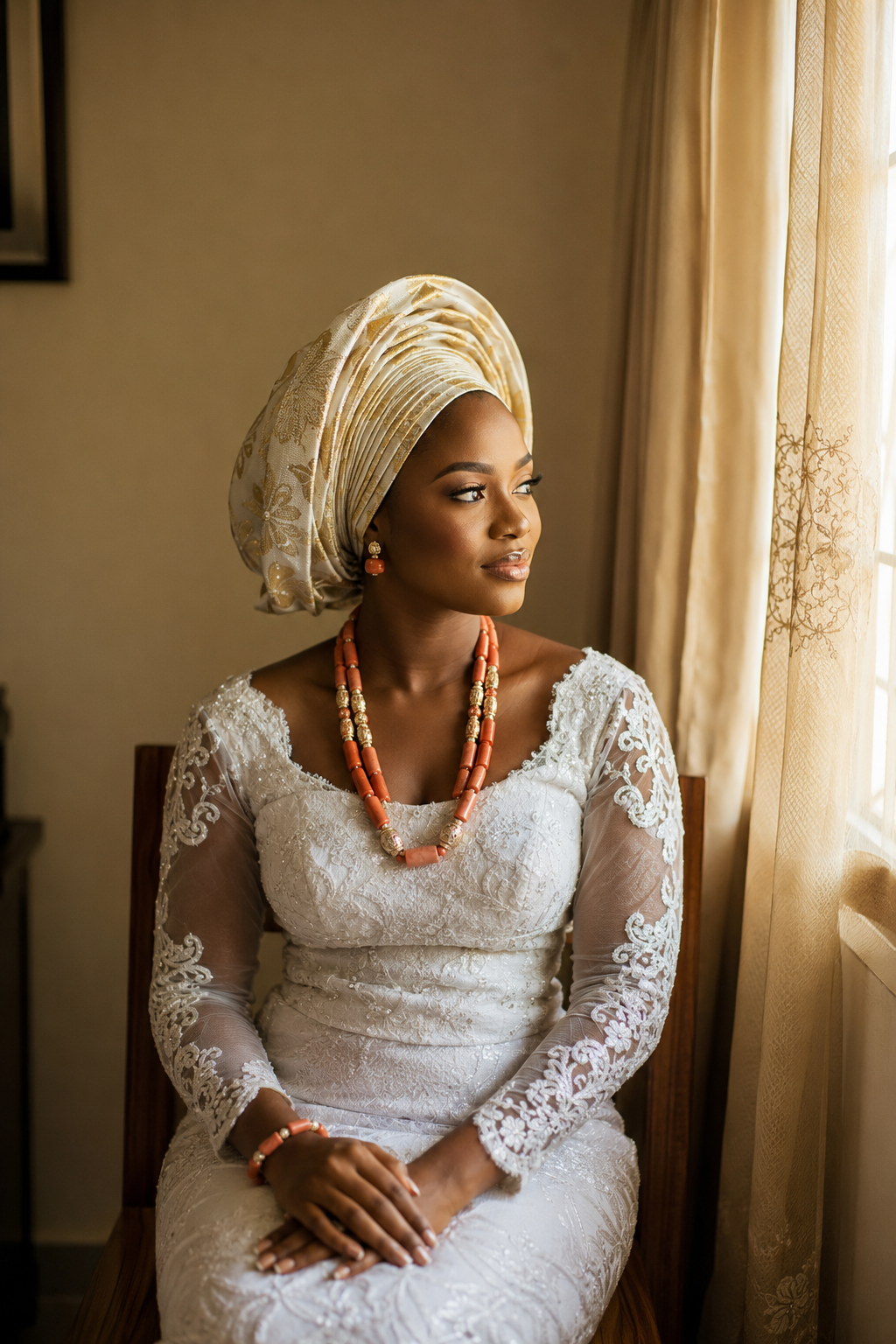 A Nigerian bride sitting quietly before her ceremony