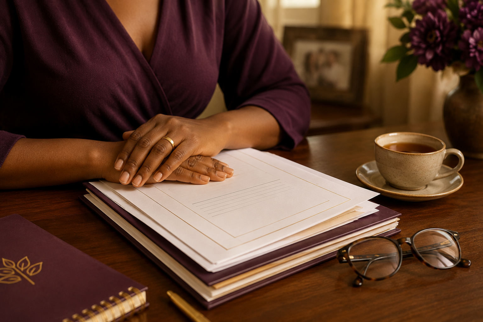 A woman's hands resting on her documents